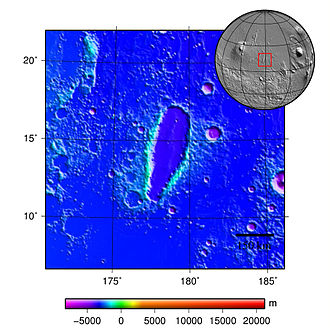 Elevation map centered on Orcus Patera. MOLA elevation map from the Mars Global Surveyor Mars orbiter MOLA orcus patera.jpg