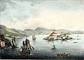 Trondhjemsfjorden med Munkholm fæstning og både. Farvelagt litografi af Peter Frederik Wergmann Fra Norsk Prospekt-Samling 6. hefte 1835
