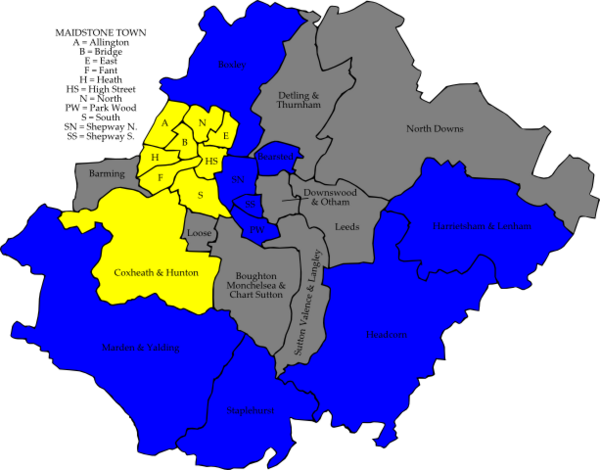Map of the results of the 2010 Maidstone council election. Conservatives in blue and Liberal Democrats in yellow. Wards in grey were not contested in 2010.