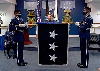Maj. Gen. B. Chance Saltzman is presented his three-star flag during his promotion ceremony at the Pentagon on 14 August 2020. Maj. Gen. B. Chance Saltzman promotion to Lt. Gen.jpg