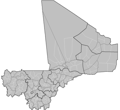 Arrondissements of Mali (outlined in white), with Cercles in grey and Regions in black. Mali arrondissements.png