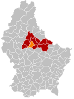 Комуна Еттельбрек (помаранчевий), кантон Дикірх (темно-червоний) та округ Дикірх (темно-сірий) на карті Люксембургу