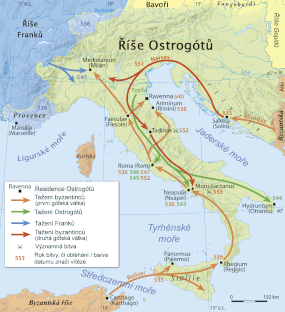 Mapa zobrazující tažení Gótské války (535–554)