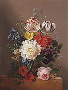 Tulpen, Rosen, Pfingstrosen und andere Blumen in einer Vase auf einem Steinvorsprung, 1838