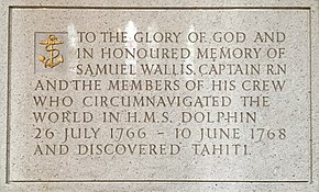 Memorial to Samuel Wallis and the crew in Truro Cathedral in Cornwall Memorial to Samuel Wallis in Truro Cathedral.jpg