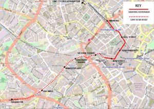 Midland metro liniyasi 1 Birmingem kengaytmalari Map.png