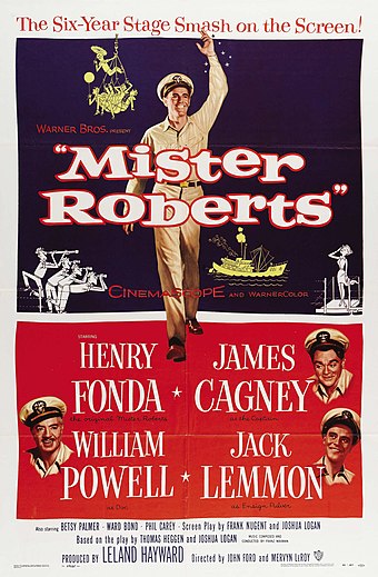 Poster (in public domain) for Mister Roberts (1955) with Henry Fonda, Cagney, William Powell and Jack Lemmon