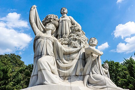 Monument in the front of the Juche Tower.jpg