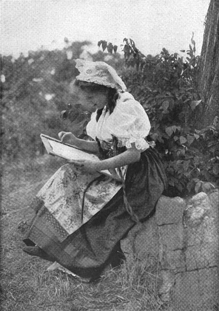 A Bohemian peasant girl working on a piece of embroidery