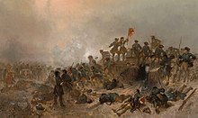 The assault of the Dutch army on the French left during the Battle of Malplaquet, led by the Prince of Orange. Nederlandse troepen tijdens de Slag bij Malplaquet (cropped).jpg