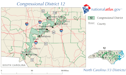 North Carolina's 12th congressional district between 2003 and 2016 was an example of gerrymandering.