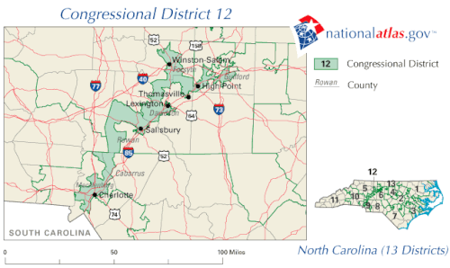 Shaw v. Reno was a United States Supreme Court case involving a claim that North Carolina's 12th congressional district (pictured) was affirmatively racially gerrymandered.