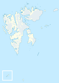 Mapa konturowa Svalbardu, blisko centrum na lewo u góry znajduje się punkt z opisem „Spitsbergen”