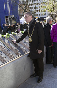Lord Mayor of Belfast Niall O Donnghaile at the opening of the Memorial Garden O Donnghaile Titanic Memorial.jpg