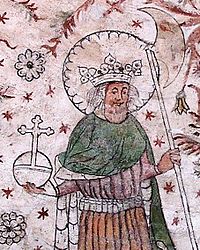 Koning Olaf II van Noorwegen Heilige op een fresco in een van de Zweedse kerken