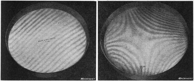 Figure 13. Optical flat interference fringes. (left) flat surface, (right) curved surface.