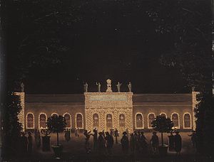 Orangeriet i Kungsträdgården (Vauxhallen) illuminerad vid Borgerskapets fest den 21 augusti 1791. Oljemålning av Pehr Hilleström