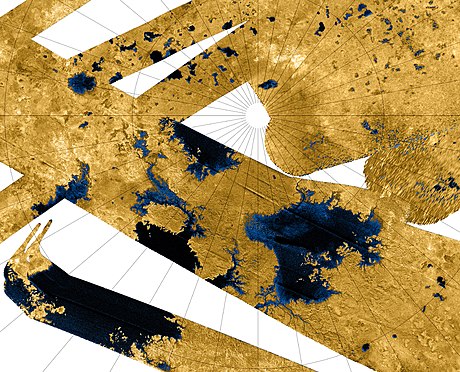 Titan's north polar hydrocarbon seas and lakes, as seen in a false-color Cassini synthetic aperture radar mosaic