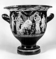 Hermes, Eros y Afrodita nuna cerámica de figures coloraes del Pintor de Viena.