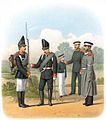 1876. Grenadier en hoofdofficier in marsuniform, leerling van de school, grenadier en sergeant-majoor in huisuniform.