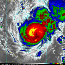 Infrared satellite image of Hurricane Paloma at 11:09 UTC on November 7 as it approached the Cayman Islands Paloma IR nov 7 2008 1109 UTC.gif