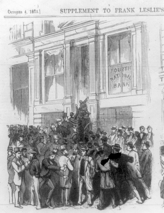 Contemporary news illustration of a run on the 4th National Bank of New York during the Panic of 1873