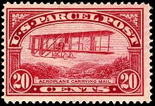 20C/ Parcel Post Stamp Issued in 1912, this was the first time in history an airplane appeared on a postage stamp. Parcel Post Aeroplane mail 20c 1913 issue.JPG