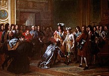Proclamation of Philip of Anjou as Philip V of Spain, Versailles, 16 November 1700 Philippe de France proclame roi d'Espagne.jpg