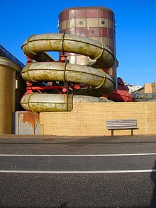 Water Slides (now demolished) on the east side of The King Alfred Leisure Centre Pipes, King Alfred Leisure Centre - geograph.org.uk - 302473.jpg