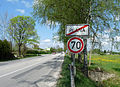 Čeština: Konec obce Planá na E55, okres České Budějovice. English: Sign showing the end of the municipality of Planá, České Budějovice, South Bohemian Region, Czech Republic.