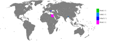 Land hvor Jihad og varianter er mye brukt som mannsnavn (grønt og blått) og kvinnenavn (rosa).