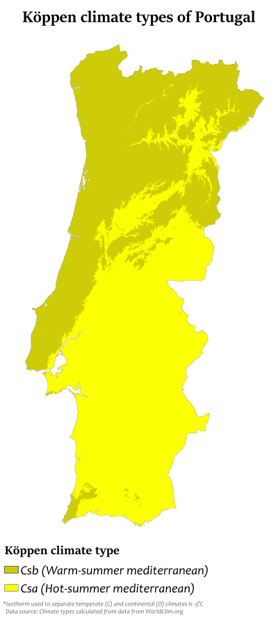 Köppen climate classification map of continental Portugal