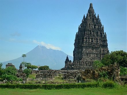 The Prambanan temple compound with Merapi volcano in the background.