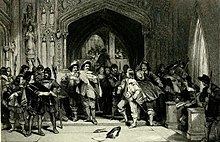 Pride's Purge, December 1648; MPs considered hostile to the army are barred from entry, including Holles PridesPurge.jpg