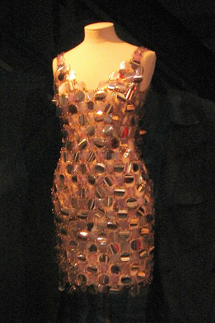 A party dress designed by Paco Rabanne in 1967, as displayed at the Victoria and Albert Museum. This was worn by Helen Bachofen von Echt at a New York party where she danced with Frank Sinatra.[62]