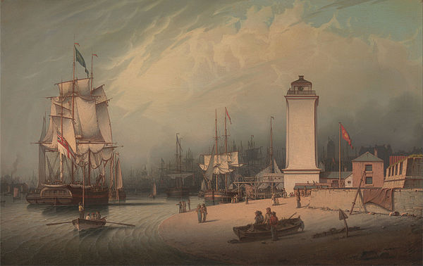 North Shields 1828 (by Robert Salmon). From left-right: Shipping on the Tyne, New Low Light, Old Low Light, Clifford's Fort.