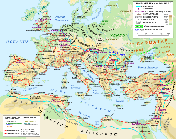 Distribution of Germanic, Venedi (Slavic), and Sarmatian (Iranian) groups on the frontier of the Roman Empire, 125 AD Roman Empire 125 de.svg