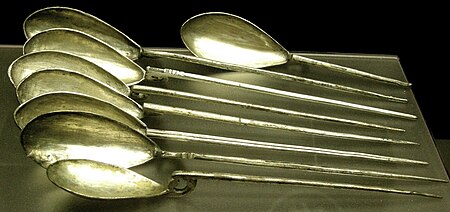 Early 5th century Roman silver spoons from the Canterbury Treasure, found in the Longmarket area of the city. Roman Museum 103.jpg