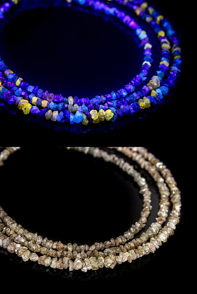 685px Rough diamonds necklace in UV and normal light B