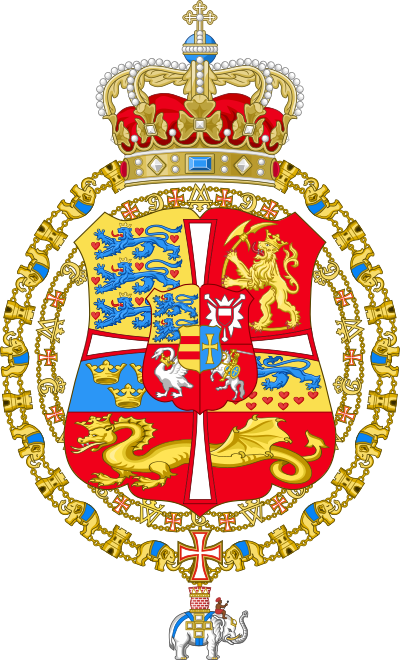 Coat of arms of Frederick IV of Denmark and Norway surrounded by the collars of the Order of the Elephant and the Order of the Dannebrog