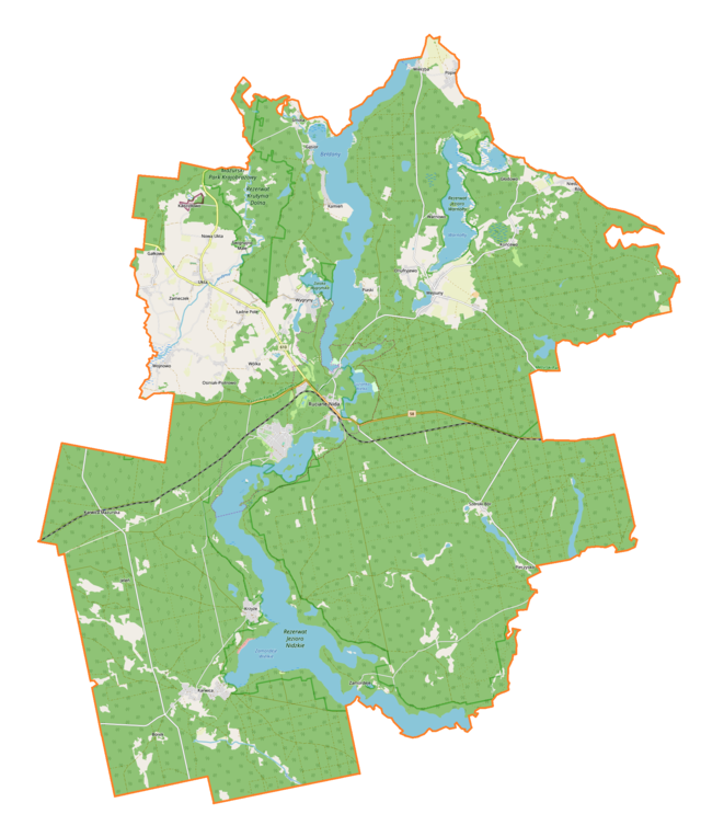 Mapa konturowa gminy Ruciane-Nida, w centrum znajduje się punkt z opisem „Ruciane-Nida”
