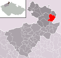 Rumburks läge (rött) i distriktet Dêčín (mörkgrått), regionen Ústí nad Labem (grått), Tjeckien