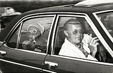 The Dutch Prince Bernhard and Queen Juliana returning from Italy because of developments in the Lockheed scandal. In the back seat Juliana with her dog Sara. The Netherlands, August 26, 1976. SFA004000743.jpg