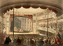 Sadler's Wells Theatre in the early 19th century, at a time when ventriloquist acts were becoming increasingly popular Sadlers Wells Theatre edited.jpg