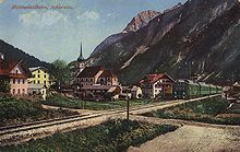Scharnitz in 1912 with new electric Mittenwald Railway Scharnitz 1912 Karwendelbahn.jpg
