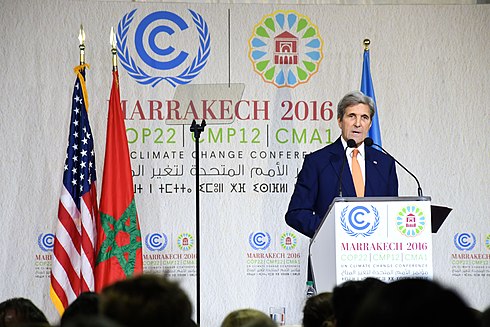 American politician John Kerry speaking at the COP22 climate summit, held in Marrakech, Morocco.