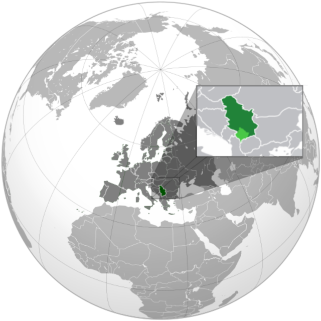 Югославия на карте мира. Светло-зелёным обозначена территория, контролируемая частично признанной Республикой Косово
