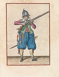 Soldier blowing burned powder from the pan of his musket, workshop of Jacob de Gheyn (II), colored print, 1597-1607.jpg