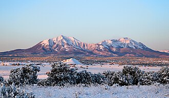 Spanish Peaks as seen from the Santa Fe National Historic Trail. Spanish Peaks at sunrise.JPG