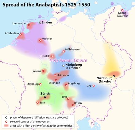 Spread of the early anabaptists in Central Europe .mw-parser-output .legend{page-break-inside:avoid;break-inside:avoid-column}.mw-parser-output .legend-color{display:inline-block;min-width:1.25em;height:1.25em;line-height:1.25;margin:1px 0;text-align:center;border:1px solid black;background-color:transparent;color:black}.mw-parser-output .legend-text{}  Dutch Mennonites(spread from Emden)   South and Central German Anabaptists(spread from Königsberg in Franken)   Swiss Brethren(spread from Zürich)   Moravian Anabaptists(spread from Nikolsburg)